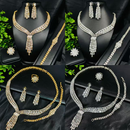 Brilliant Diamond-Filled Bridal Wedding Attire, Wedding Jewelry Set with Zircon Tassels, Jewelry Necklace, Earrings, Ring, Four-Piece Set