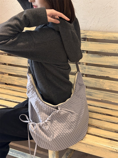 Retro Plaid Hobos Messenger Bags for Women Drawstring Pocket Nylon Dumpling Bag Large Capacity Portable Travel Shoulder Bags