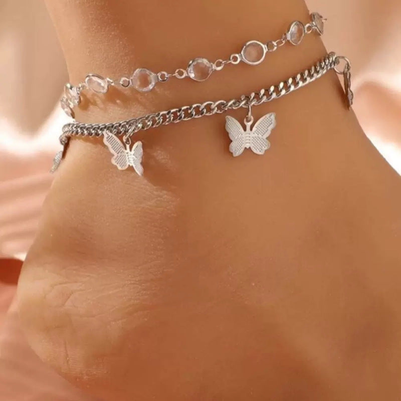 European and American Cross-border Hot Jewelry Rhinestone Butterfly Pendant Double-layer anklet Women's Simple Fashion Foot Jewelry Fashion Accessories