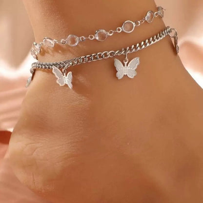 European and American Cross-border Hot Jewelry Rhinestone Butterfly Pendant Double-layer anklet Women's Simple Fashion Foot Jewelry Fashion Accessories
