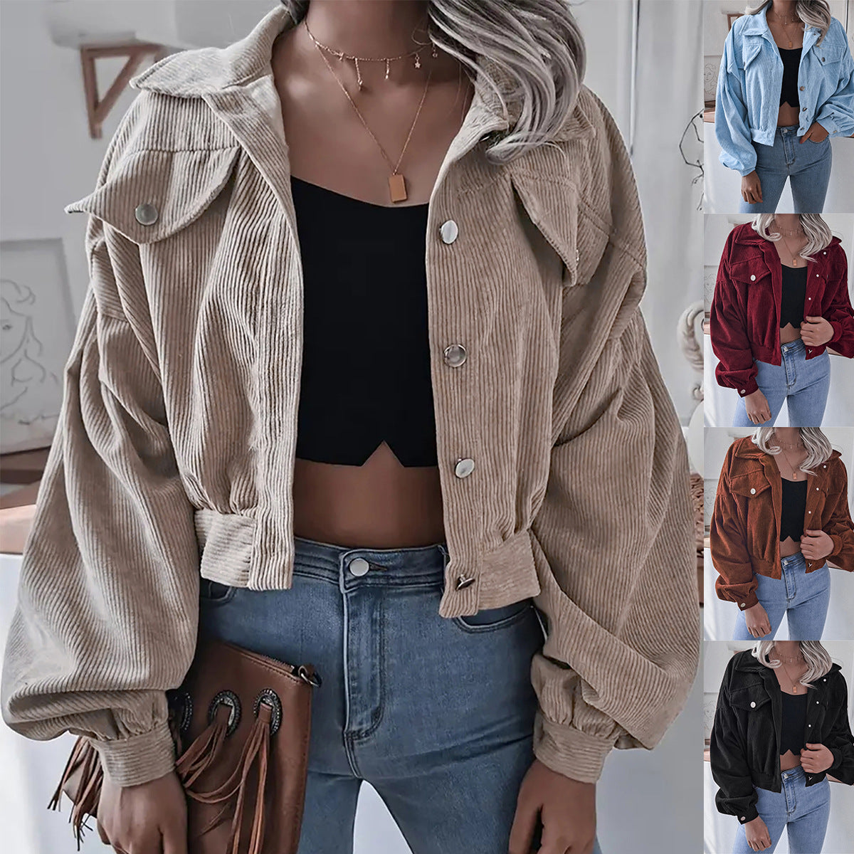 Ins Style Autumn and Winter European and American Lantern Long-Sleeved Corduroy Casual Short Outwear Jacket Amazon Hot Cross-Border Women's Clothing