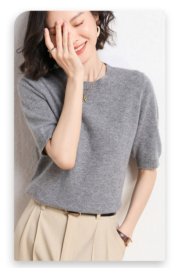 2025 Spring and Summer New Style Knitted Short-Sleeved Women's Round Neck Bottoming Knitted Pullover Half-Sleeved Sweater Loose Bottoming Sweater