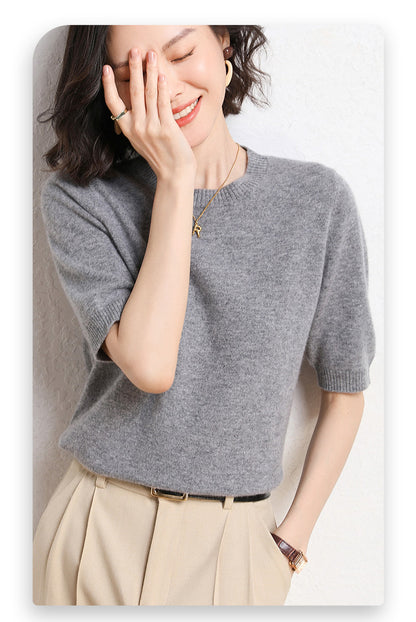 2025 Spring and Summer New Style Knitted Short-Sleeved Women's Round Neck Bottoming Knitted Pullover Half-Sleeved Sweater Loose Bottoming Sweater