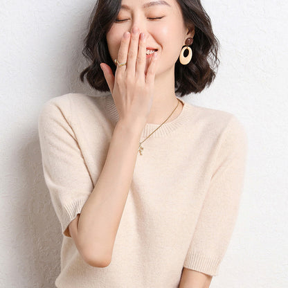 2025 Spring and Summer New Style Knitted Short-Sleeved Women's Round Neck Bottoming Knitted Pullover Half-Sleeved Sweater Loose Bottoming Sweater