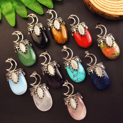 Natural Crystal Agate Stone Inlaid Alloy Sun Moon Star Gemstone Pendant DIY Necklace Jewelry Pendant Wholesale