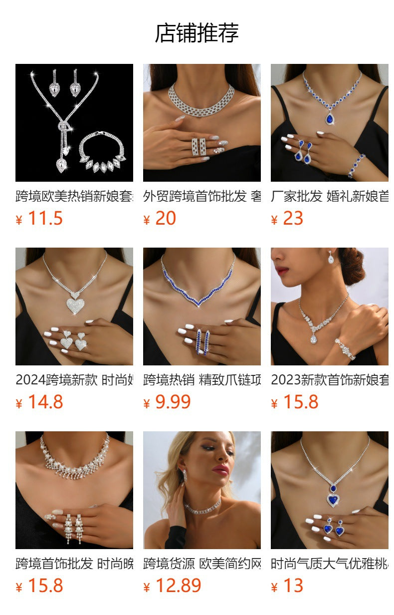 Foreign Trade Jewelry Wholesale Alloy Rhinestone Wedding Necklace Earrings Bridal Wedding Jewelry Banquet Ladies Necklace Set