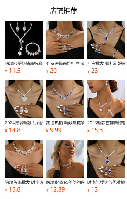 Foreign Trade Jewelry Wholesale Alloy Rhinestone Wedding Necklace Earrings Bridal Wedding Jewelry Banquet Ladies Necklace Set