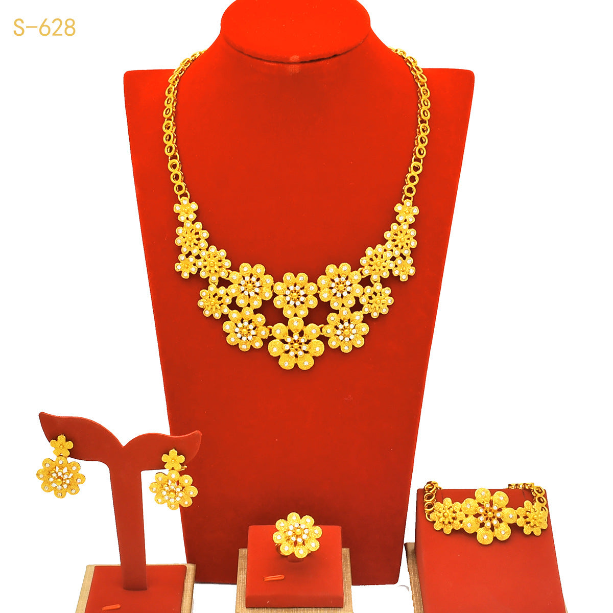 24K Gold Dubai Explosions Bride Four-piece Flower Rhinestone Jewelry Alloy Necklace Bracelet Earrings Ring