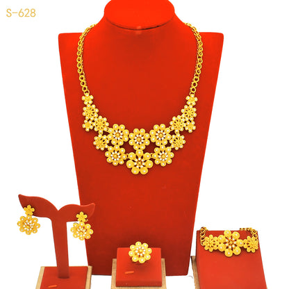 24K Gold Dubai Explosions Bride Four-piece Flower Rhinestone Jewelry Alloy Necklace Bracelet Earrings Ring