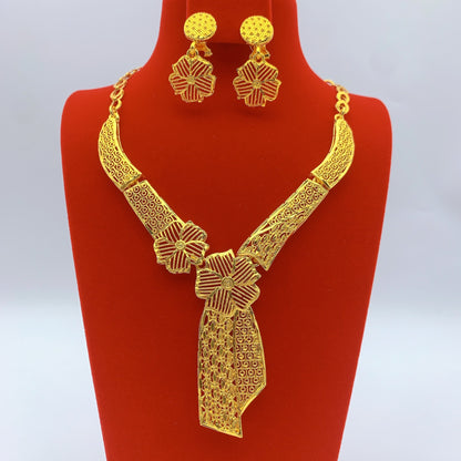 Imitation gold flower necklace earrings suit Dubai India Nigeria brass gold plated women wedding jewelry lot