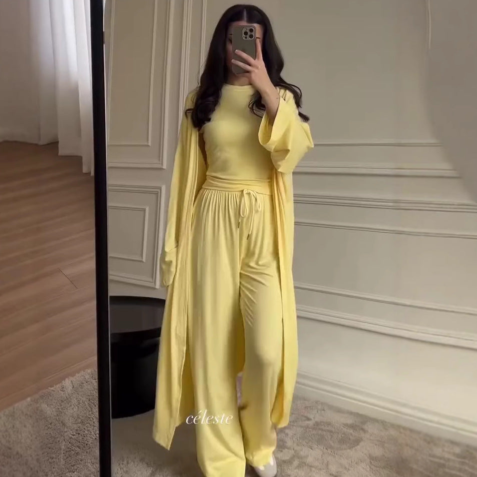 Women Cardigan Vest Wide Leg Pants 3 Piece Sets Top Long Coat Trousers Suit Office Lady Ensemble Spring Summer 2026 Outfits