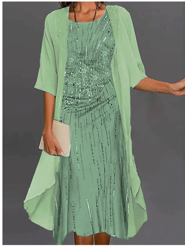 2023 European and American Hot Selling Independent Site Amazon Wish Spring & Fall Fashionable and Elegant Chiffon Dress Two-Piece Set
