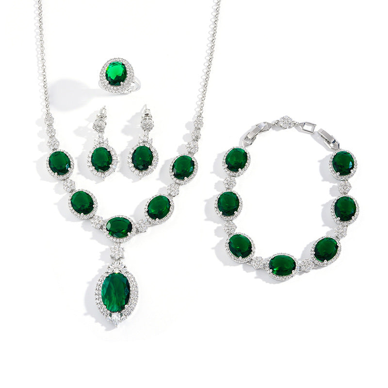 European and American fashion four-piece jewelry caibao zircon necklace suit high temperament earrings jewelry suit multicolor