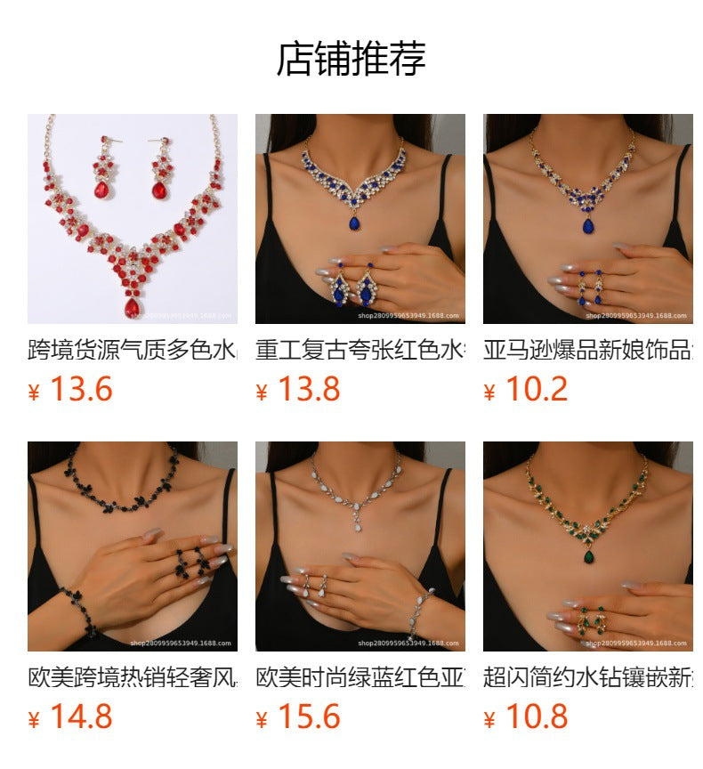 Cross-Border Amazon Jewelry Set Bridal Crystal Accessories Necklace Earrings Two-Piece Set Wedding Dress Women's