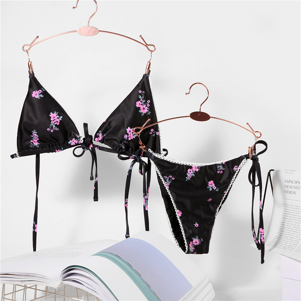 Cross-Border European and American Floral Bikini Lace Swimsuit Lace-Up Bikini Beach Split Swimsuit Women's Tube Top in Stock