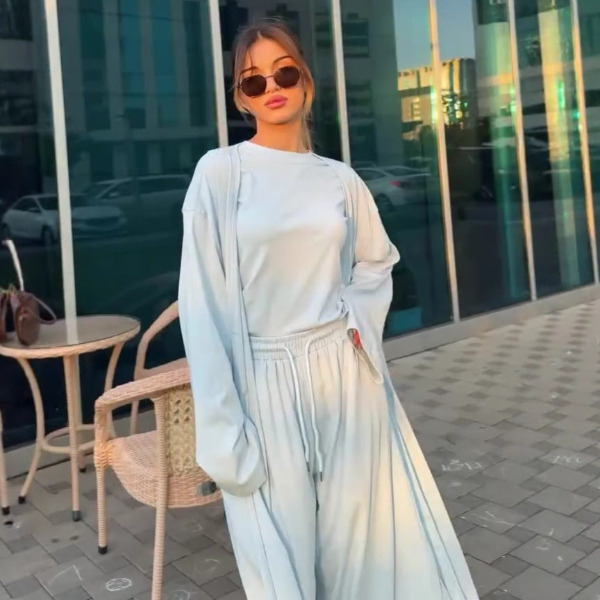 Women Cardigan Vest Wide Leg Pants 3 Piece Sets Top Long Coat Trousers Suit Office Lady Ensemble Spring Summer 2026 Outfits