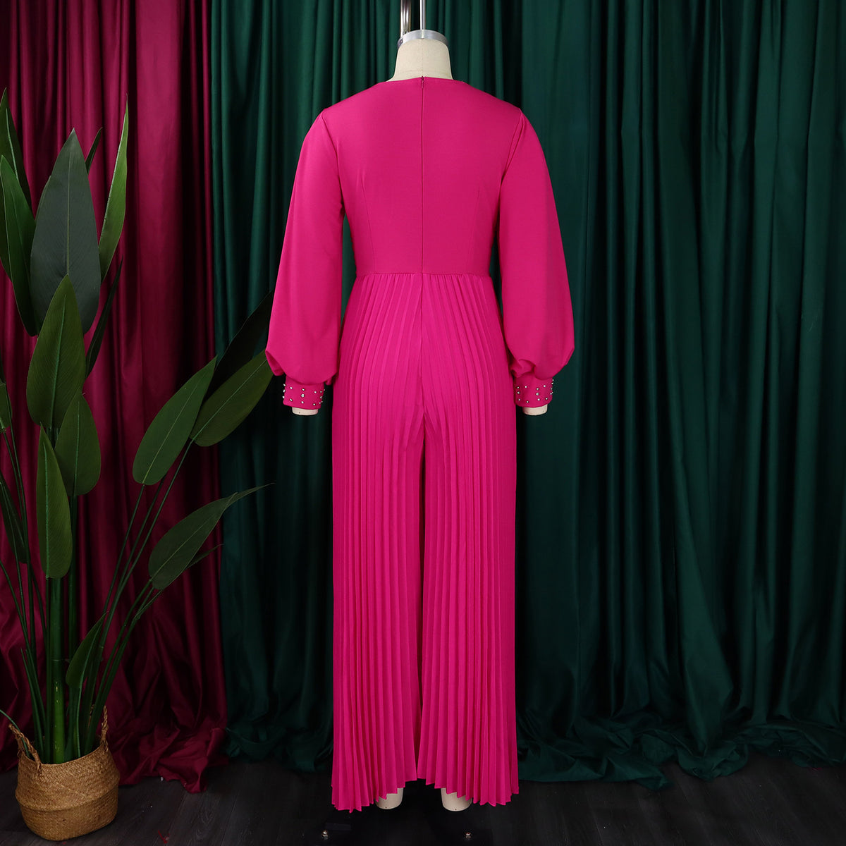 CM.YAYA Women Diamonds Long Sleeve Pleated V-neck Wide Leg Long Jumpsuits Party Beach Fashion Street Sexy Africa Outfit Rompers