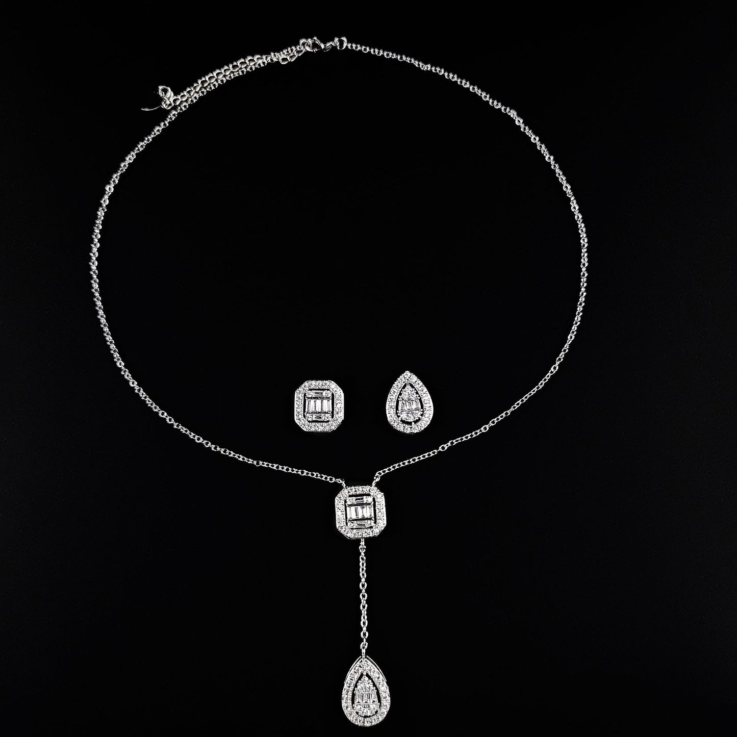 Amazon Fashion Cross-border New Square Long Zircon Earrings Ring Necklace Jewelry Three-piece Set j6138