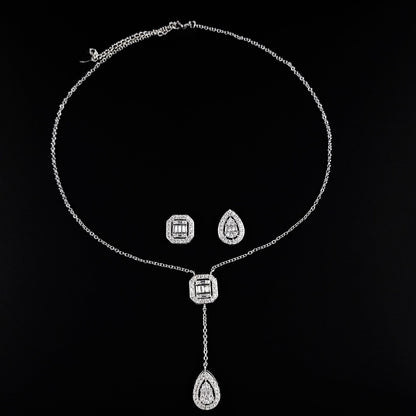 Amazon Fashion Cross-border New Square Long Zircon Earrings Ring Necklace Jewelry Three-piece Set j6138