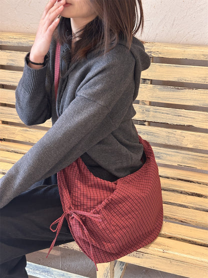 Retro Plaid Hobos Messenger Bags for Women Drawstring Pocket Nylon Dumpling Bag Large Capacity Portable Travel Shoulder Bags