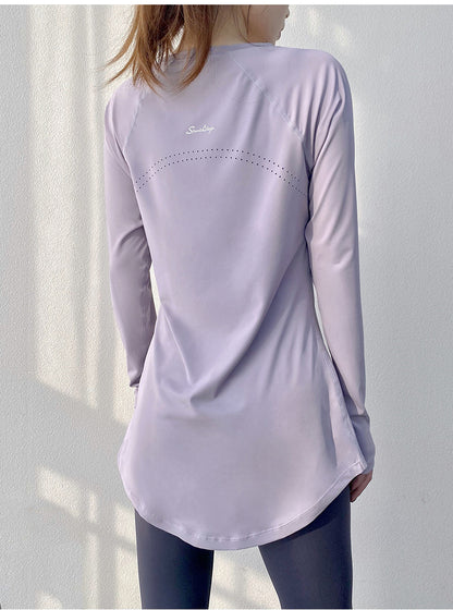 Spring and Summer Long Hip Covering Slimming Style Beautiful Back Breathable Yoga Suit Long Sleeve Running Fitness Sportswear T-shirt for Women
