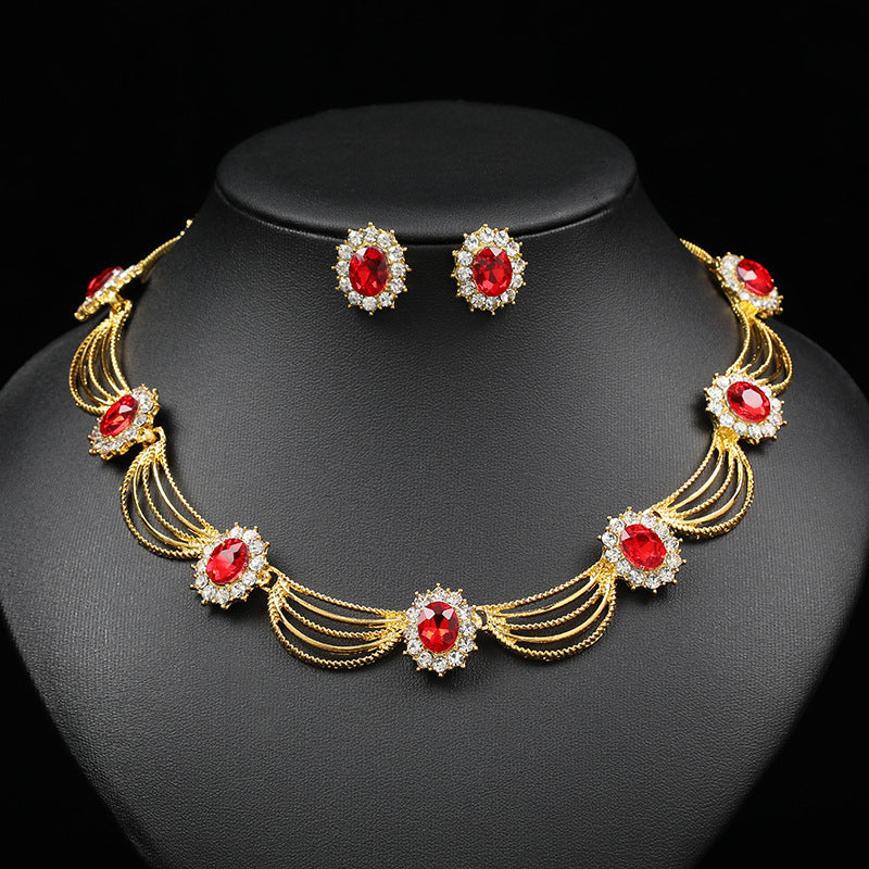 Jewelry Set, Gemstone Necklace, Literary Retro, Medieval Palace Fan-Shaped, Beautiful Popular Necklace, Earrings Set