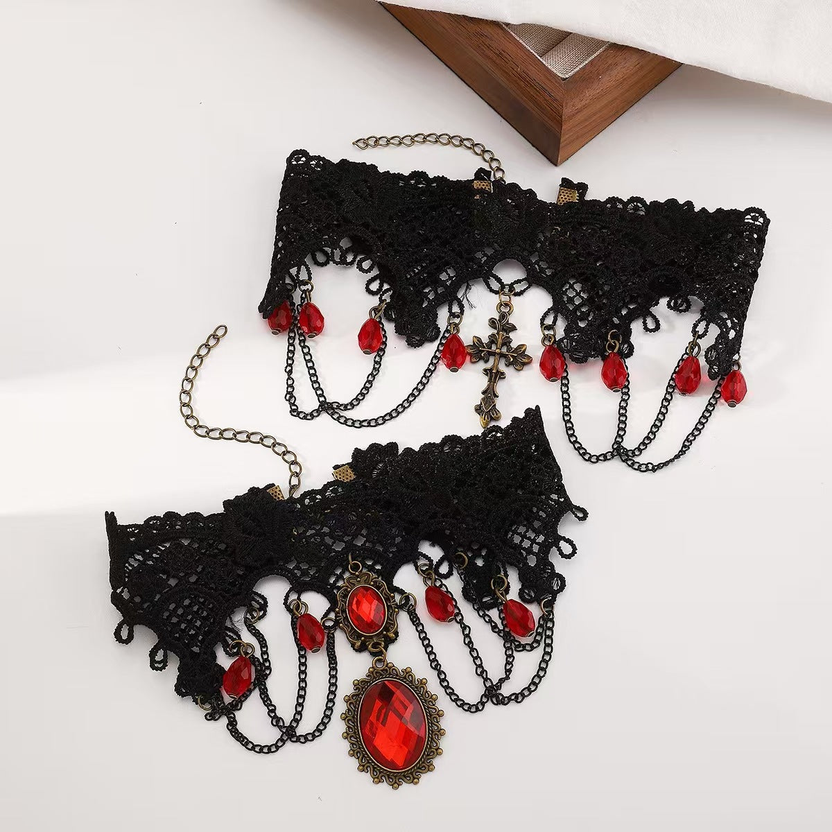 European and American Cross-Border Jewelry Gothic Style Halloween Cross Gemstone Necklace Niche Lace Tassel Necklace Accessories