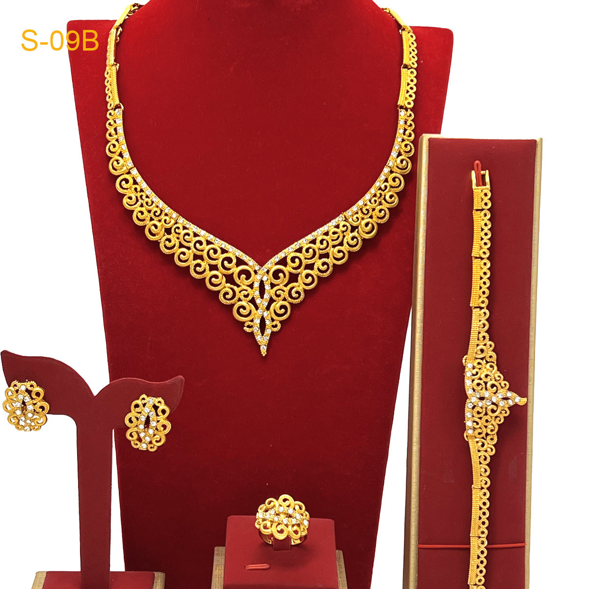 24K Gold Dubai Explosions Bride Four-piece Flower Rhinestone Jewelry Alloy Necklace Bracelet Earrings Ring