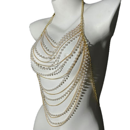 European and American fashion cross-border jewelry summer beach sexy body chest chain handmade pearl chest chain