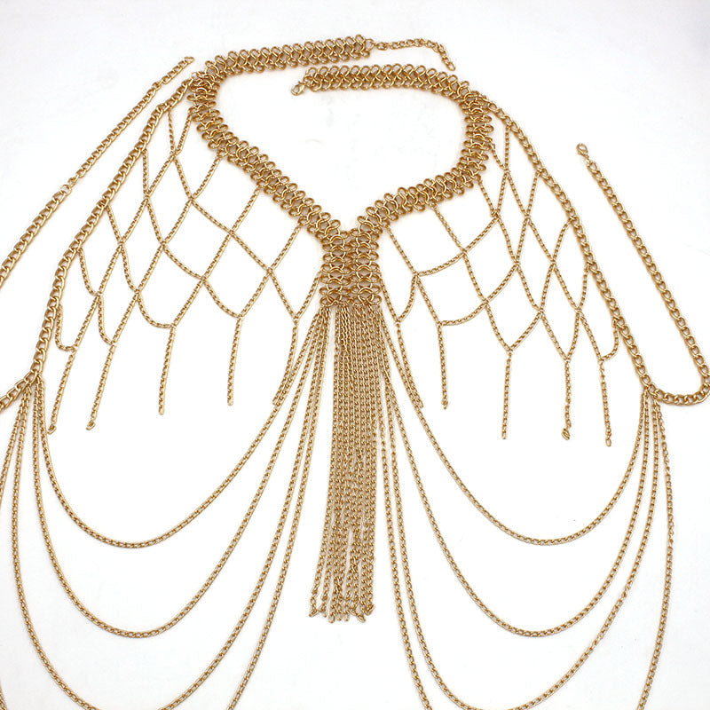 European and American Cross-Border Jewelry Women's Metal Mesh Cut Out Tassel Multi-Layer Chest Chain Nightclub Performance Fashion Clothing Accessories