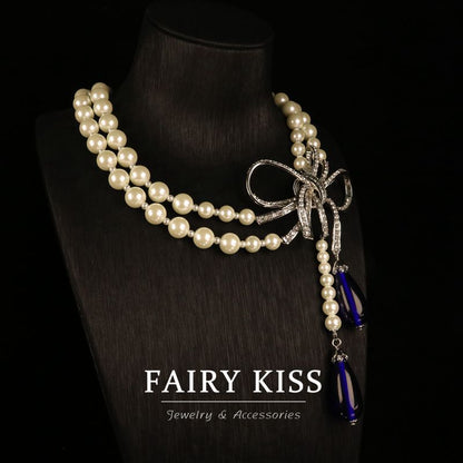 Light luxury personalized bowknot dense Diamond full copper glass pearl necklace suit exquisite elegant jewelry