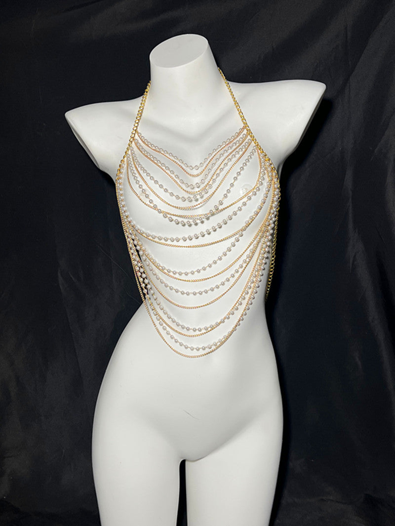 European and American fashion cross-border jewelry summer beach sexy body chest chain handmade pearl chest chain