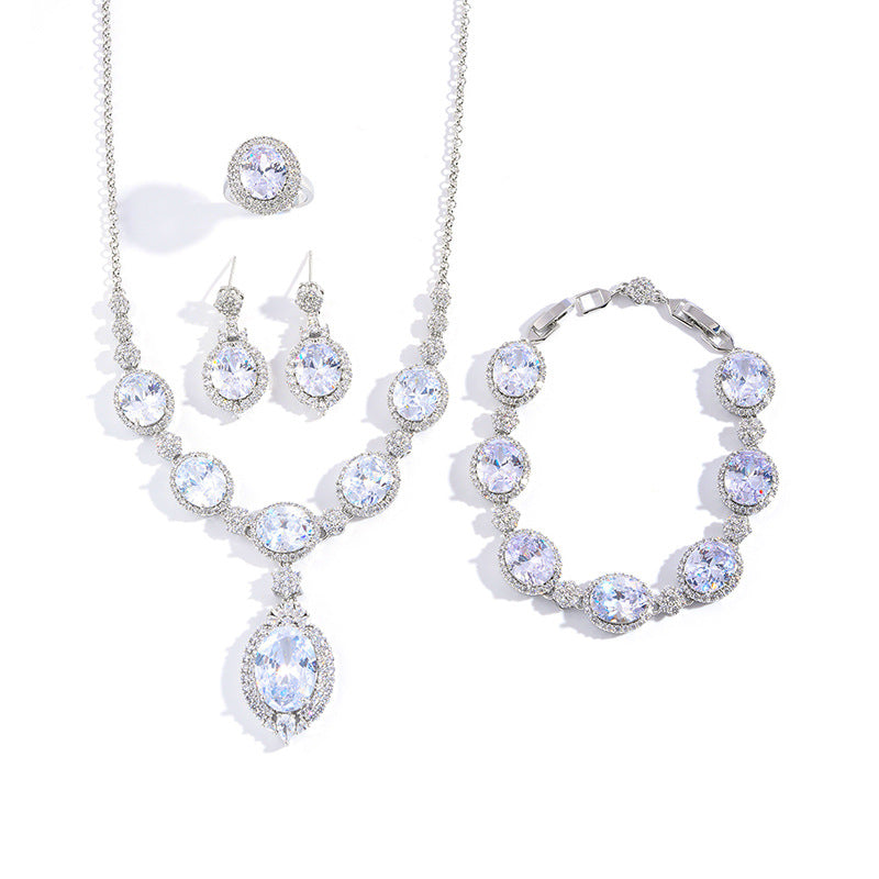 European and American fashion four-piece jewelry caibao zircon necklace suit high temperament earrings jewelry suit multicolor