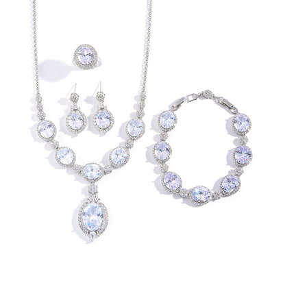 European and American fashion four-piece jewelry caibao zircon necklace suit high temperament earrings jewelry suit multicolor