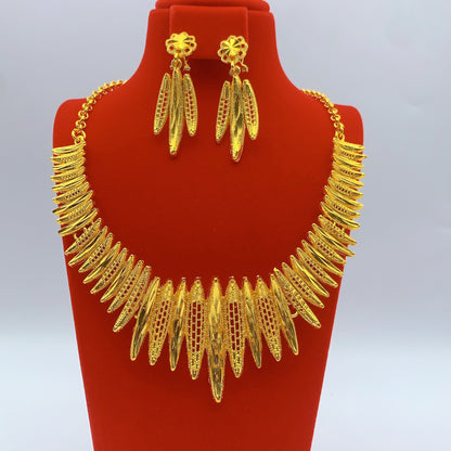 Imitation gold flower necklace earrings suit Dubai India Nigeria brass gold plated women wedding jewelry lot