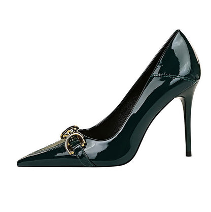 Luxury Women Pumps Metal Belt Buckle High Heels Patent Leather Women Heels Stilettos Career OL Office Shoes Plus Size 41 42 43