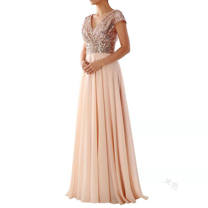 2025 Cross-Border New Spring and Summer European and American Clothing Sleeveless Dress V Neck Sequined Elegant Chiffon Splicing Evening Dress
