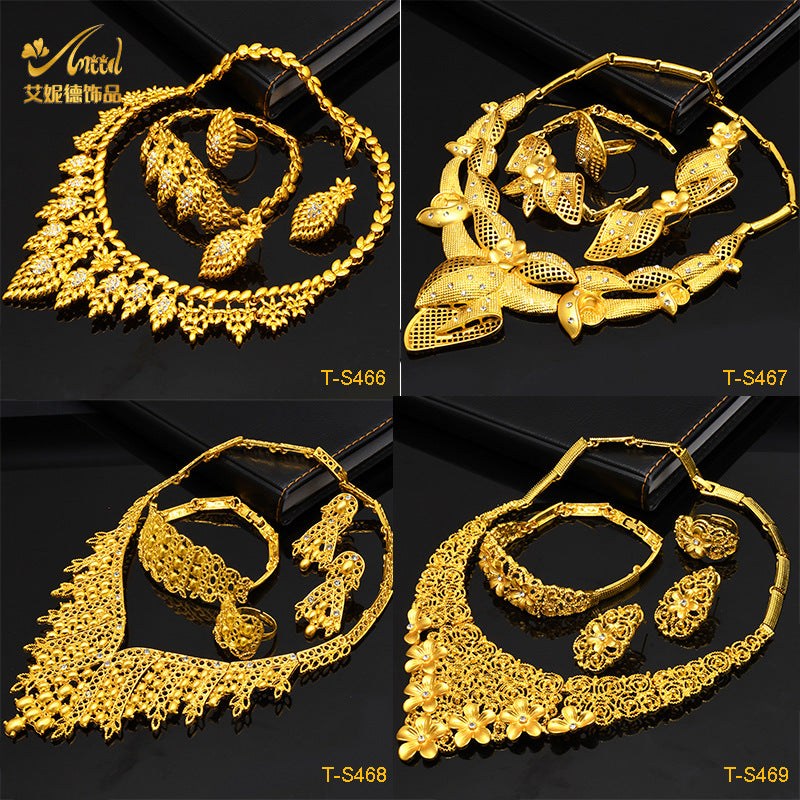 Cross-border hot selling four-piece Indian Dubai gold jewelry necklace bracelet ring earrings bridal wedding big jewelry
