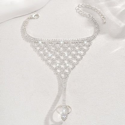 Factory Direct Supply European and American Fashion Full Diamond Bracelet for Women, Bracelet and Ring Integrated Chain, Beach Anklet, Hand Jewelry, Foot Jewelry