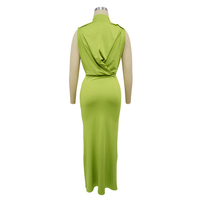 CM.YAYA Women O-neck High Split Ruched Stacked Bodycon Midi Maxi Dress 2024 Evening Party Club Vestidos Sexy Chic Long Dresses