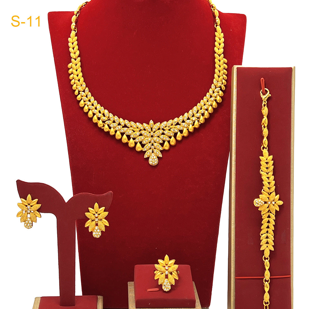 24K Gold Dubai Explosions Bride Four-piece Flower Rhinestone Jewelry Alloy Necklace Bracelet Earrings Ring