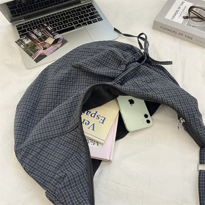 Retro Plaid Hobos Messenger Bags for Women Drawstring Pocket Nylon Dumpling Bag Large Capacity Portable Travel Shoulder Bags