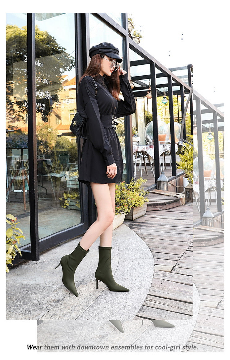 BIGTREE Shoes Stiletto Sexy Elastic Boots Women Shoes Sexy Stretch Fabric Ankle Boots Pointed Tip High Heels Boots Plus Size 43