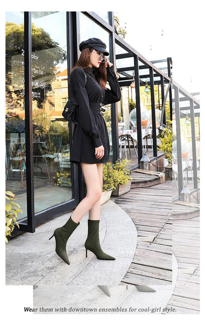 BIGTREE Shoes Stiletto Sexy Elastic Boots Women Shoes Sexy Stretch Fabric Ankle Boots Pointed Tip High Heels Boots Plus Size 43