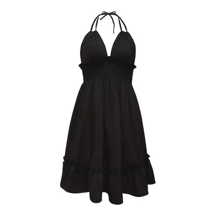 European and American Amazon Cross-Border Popular Women's Clothing Deep V Rope Suspender Parallel Pleated Sexy Dress Beach Degree
