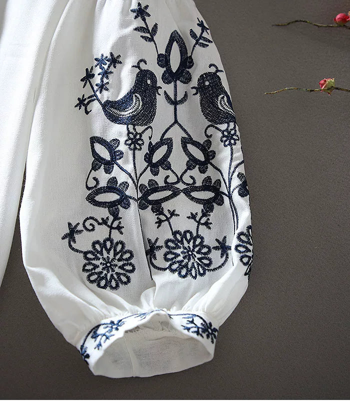 European Station Fashion Ethnic Style Lantern Sleeve Cotton Linen Long Sleeve Heavy Industry Embroidered Loose Casual Shirt Women's Autumn Top