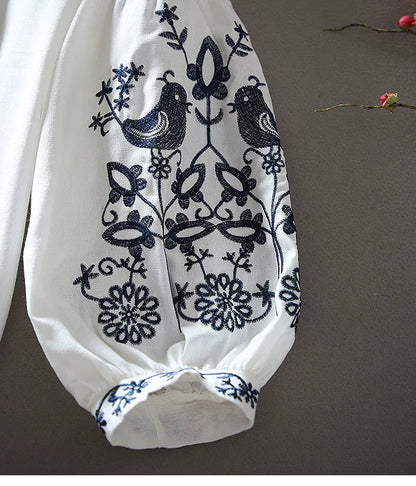 European Station Fashion Ethnic Style Lantern Sleeve Cotton Linen Long Sleeve Heavy Industry Embroidered Loose Casual Shirt Women's Autumn Top