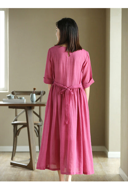 2023 New Summer Cotton Linen dress Women's High Waist Slimming Artistic Loose Retro Seven-Sleeve Round Neck Dress