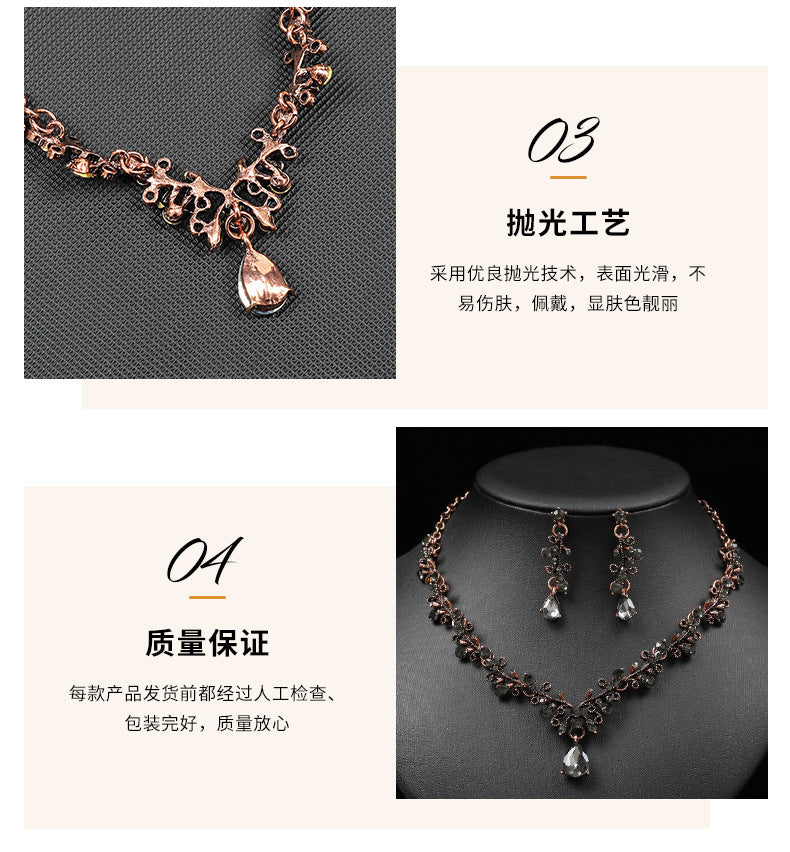 European and American Foreign Trade Jewelry Retro Jewelry Set Gemstone Necklace Clavicle Chain Cross-Border Female Leaf Water Drop Spot Straight Hair