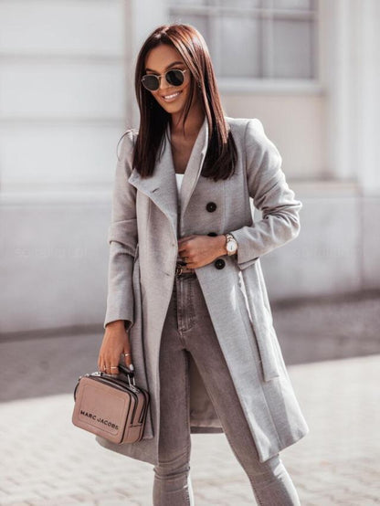 2026 Autumn/Winter European and American New Cross-Border Women's Clothing Amazon Woolen Coat Solid Color Tie-Up Mid-Length Woolen Jacket